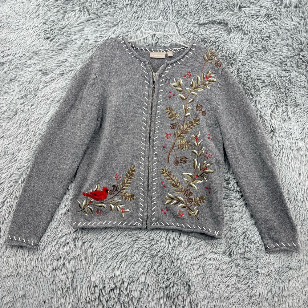 Croft Barrow Cardigan Sweater Womens Large Embroidered Cardinal Silk Blend Gray